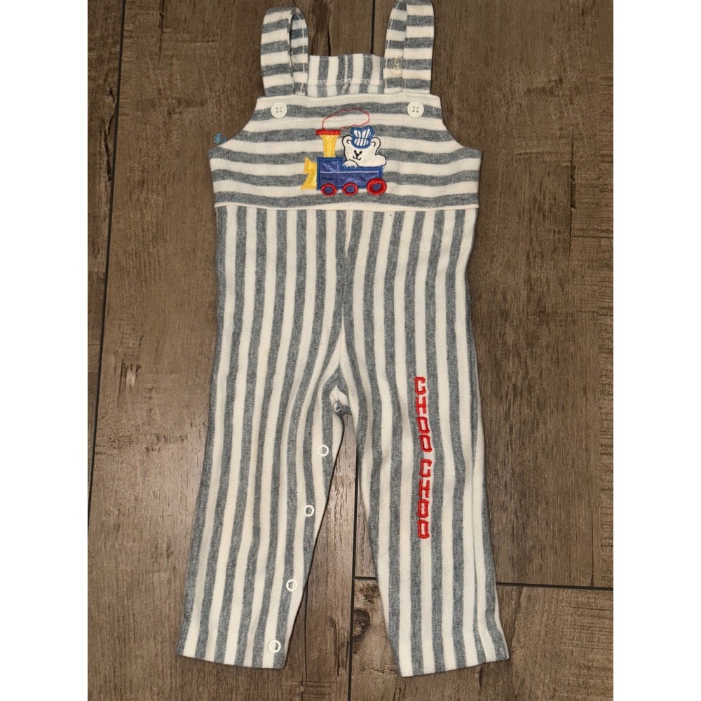 Baby Overalls 12 Months Gray White Stripe Train Embroidery‎ Choo Choo vintage